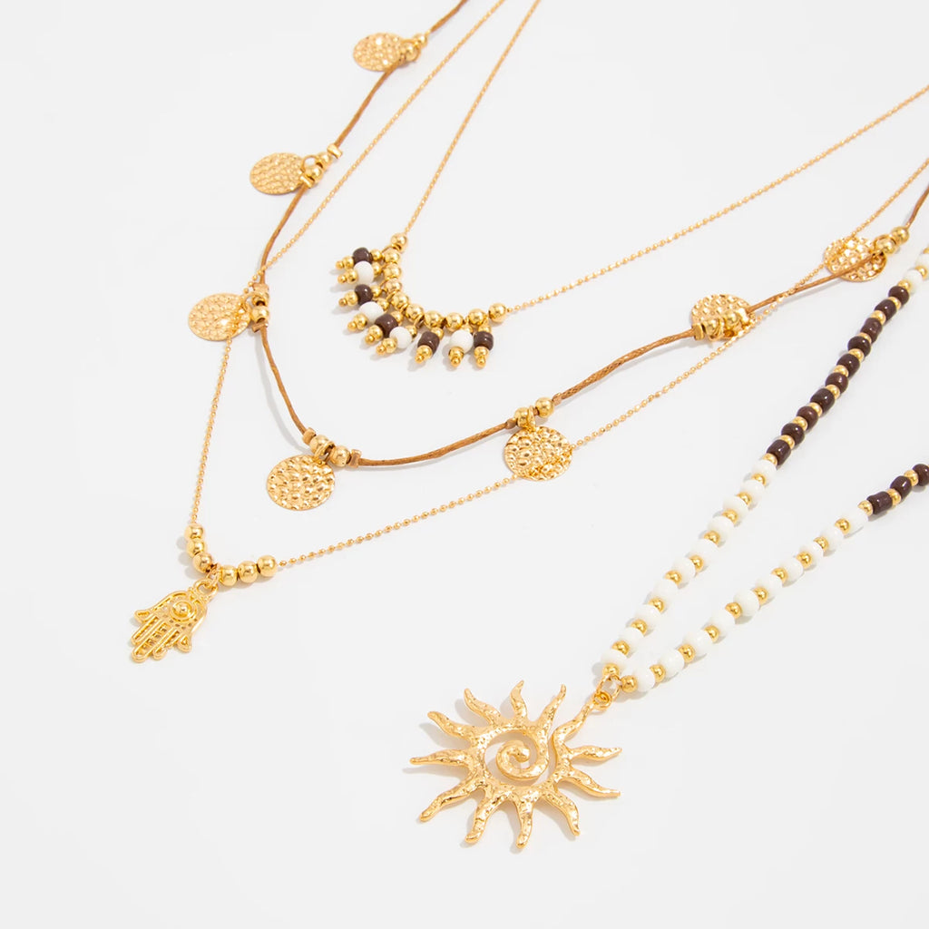 2-Piece Sun CCB Rice Bead Wax Thread Necklace Set – Layered Clavicle Chain Design