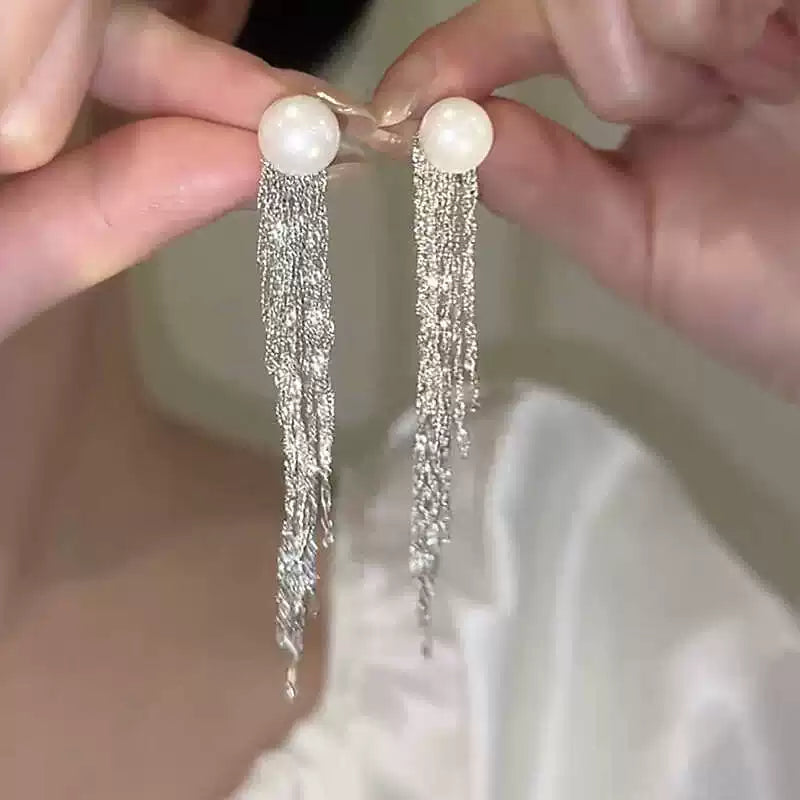Moon and Star Pearl Tassel Earrings for Women – S925 Silver Needle Long Drop Fashion Earrings