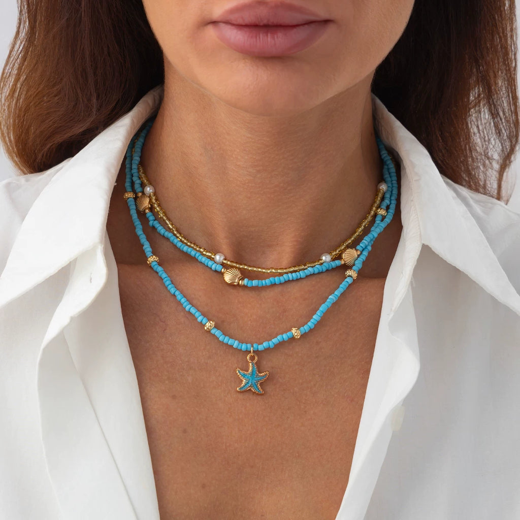 3-Piece Starfish & Scallop Rice Bead Necklace Set – Summer Beach Style for Women