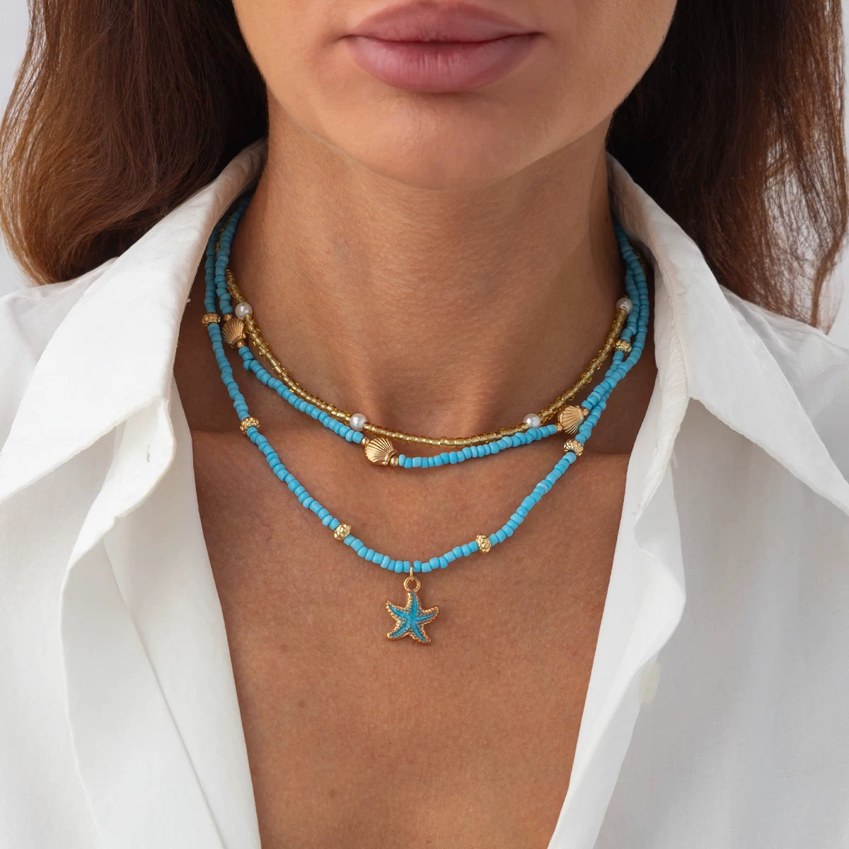 3-Piece Starfish & Scallop Rice Bead Necklace Set – Summer Beach Style for Women