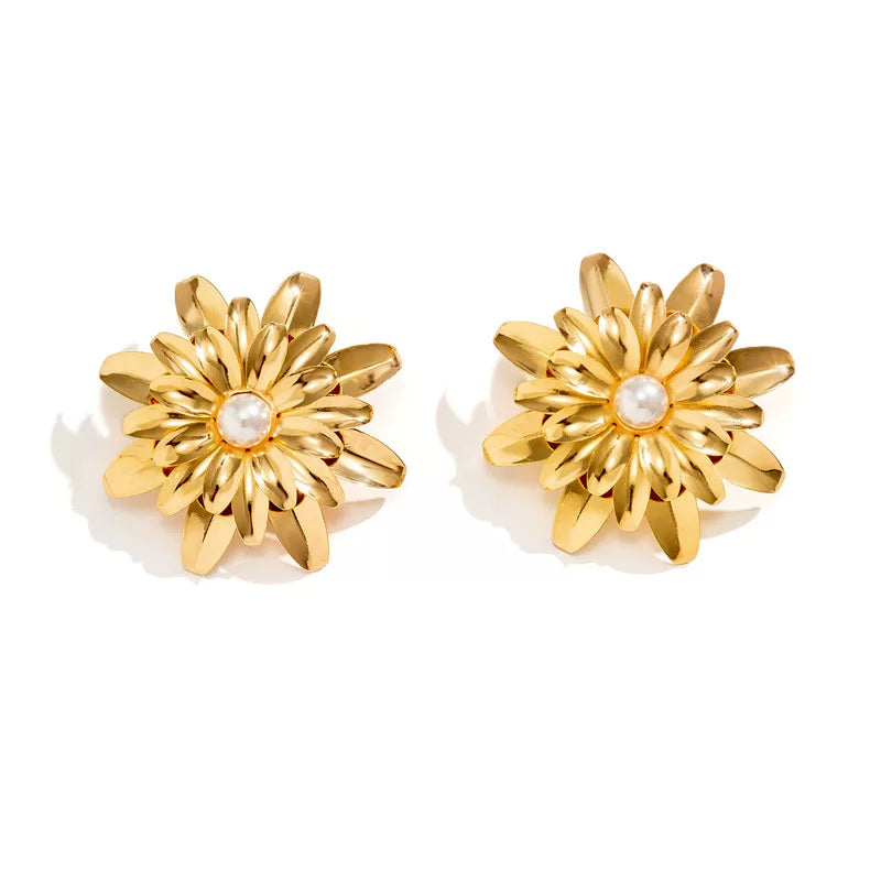 Imitation Pearl Metal Chrysanthemum Stud Earrings for Women – European & American Statement Floral Elegant Fashion Jewelry