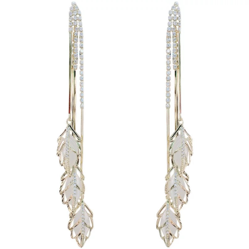 Leaf Cat-Eye Tassel Earrings for Women – Silver Needle Long Drop Fashion Earrings
