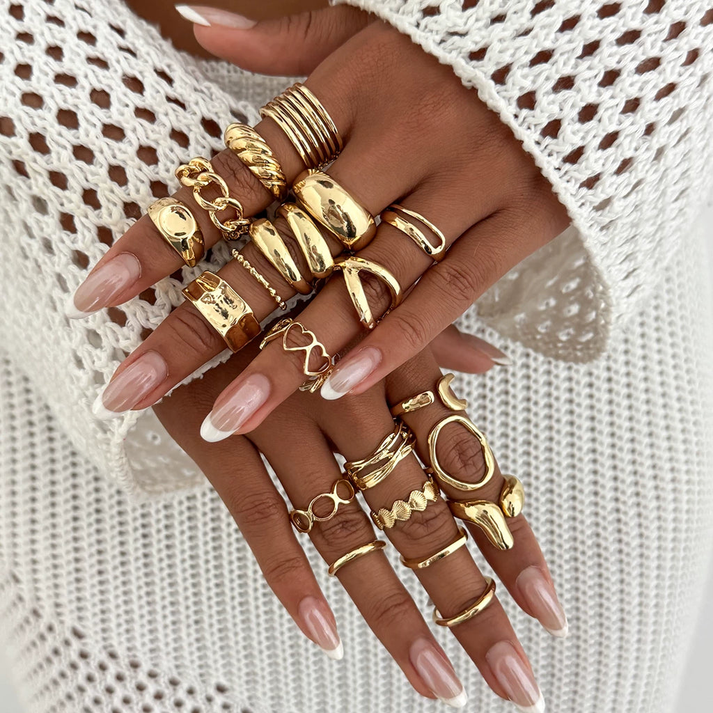 20-Piece Metal Hollow Ring Set, European And American Fashion, Trendy And Personalized Girls' Travel Photography With Ring Accessories