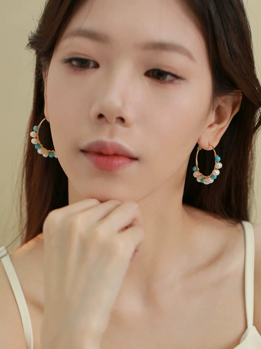 Natural Pearl Hand-Wrapped Turquoise Hoop Earrings for Women – Chinese Style Beaded Round Earrings