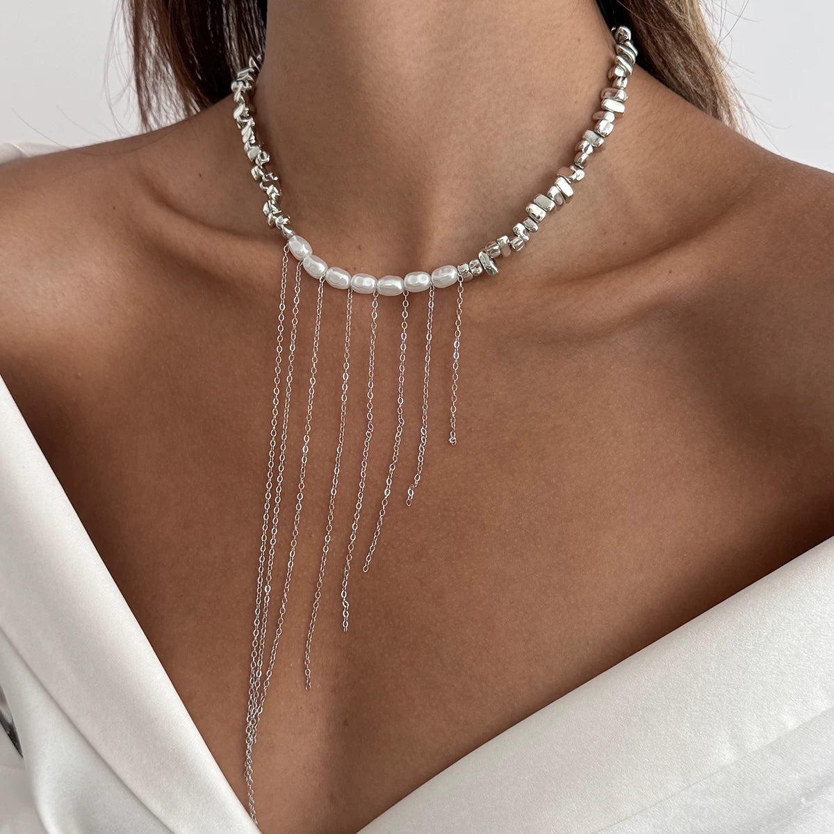 Imitation Pearl Chain Tassel Necklace for Women – Clavicle Chain Design