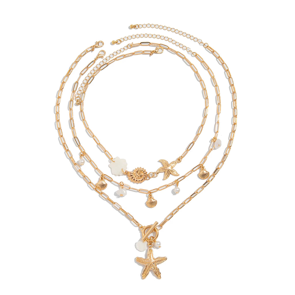 3-Piece Starfish, Conch & Scallop Necklace Set – Layered Clavicle Chain Design