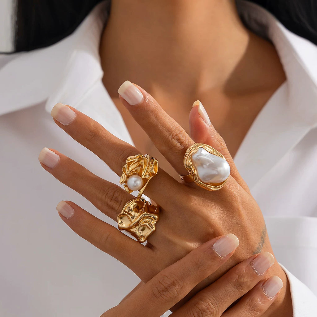 3-Piece Baroque Imitation Pearl Irregular Ring Set European And American Personalized Fashion Niche Design Ring Set