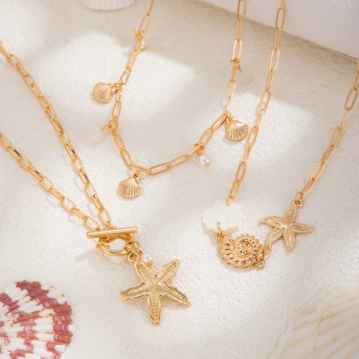 3-Piece Starfish, Conch & Scallop Necklace Set – Layered Clavicle Chain Design
