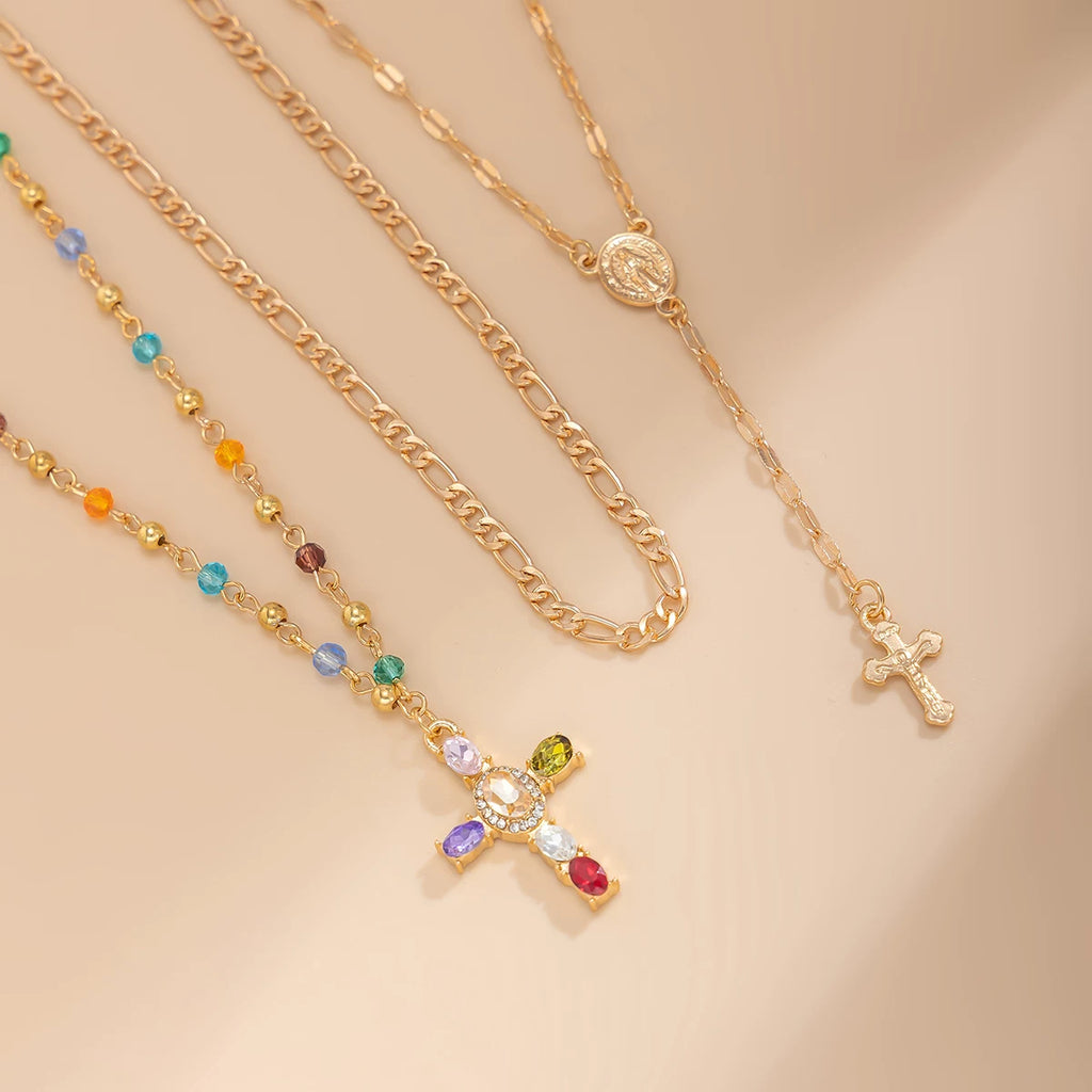 3-Piece Cross Crystal Necklace Set for Women – Layered Clavicle Chain Design