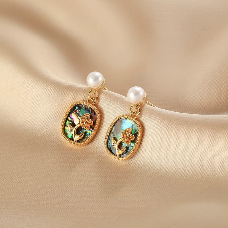 Geometric Mother-of-Pearl Earrings for Women – Rose Mirror Finish Retro Style Fashion Earrings