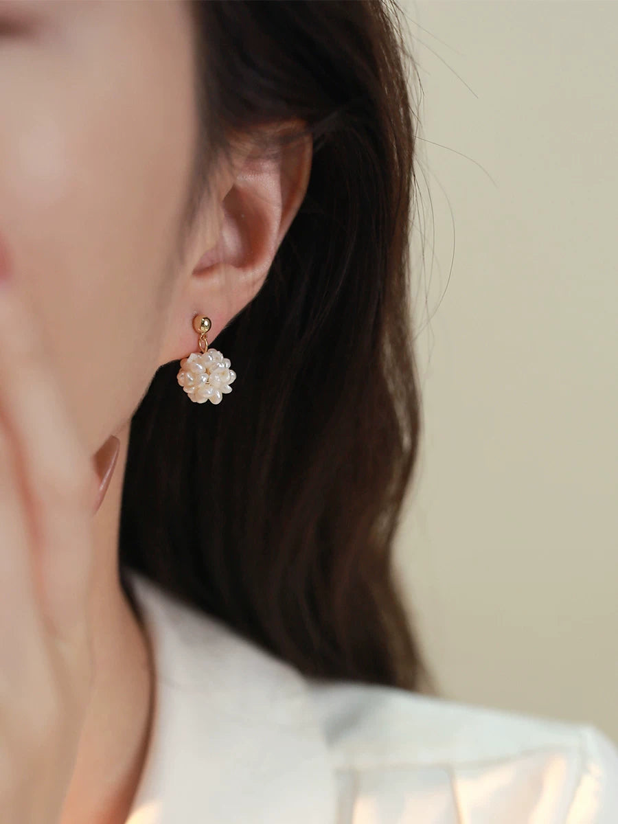 Natural Pearl Flower Earrings for Women – French Style Millet Bead Braided S925 Silver Needle Earrings