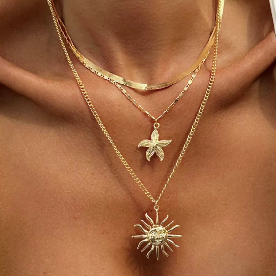 3-Piece Sunflower & Starfish Necklace Set – Layered Clavicle Chain Design