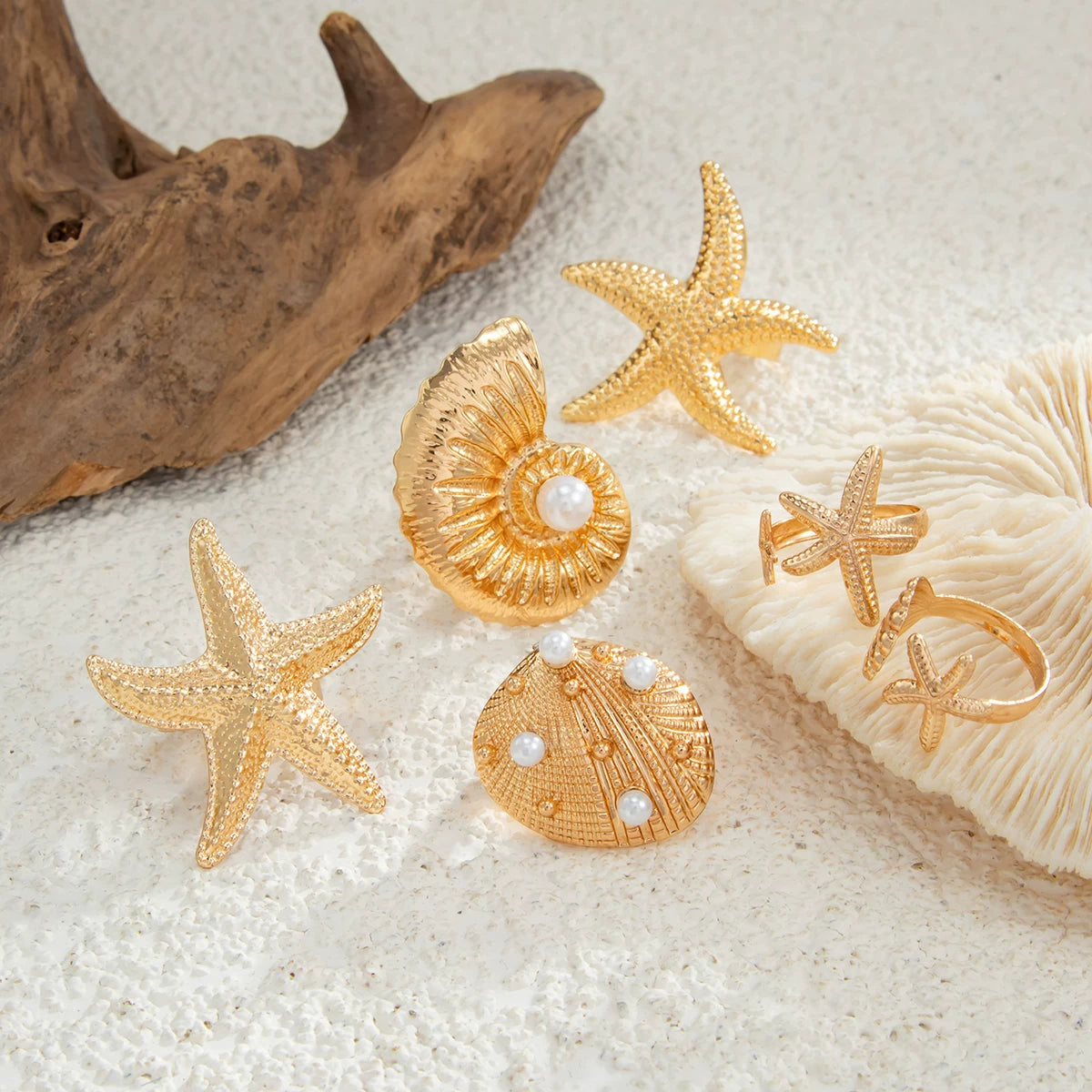 6-Piece Starfish, Scallop And Conch Ring Set. Hip-Hop Fashion Trend. Cool Accessories For Seaside Travel And Vacation.