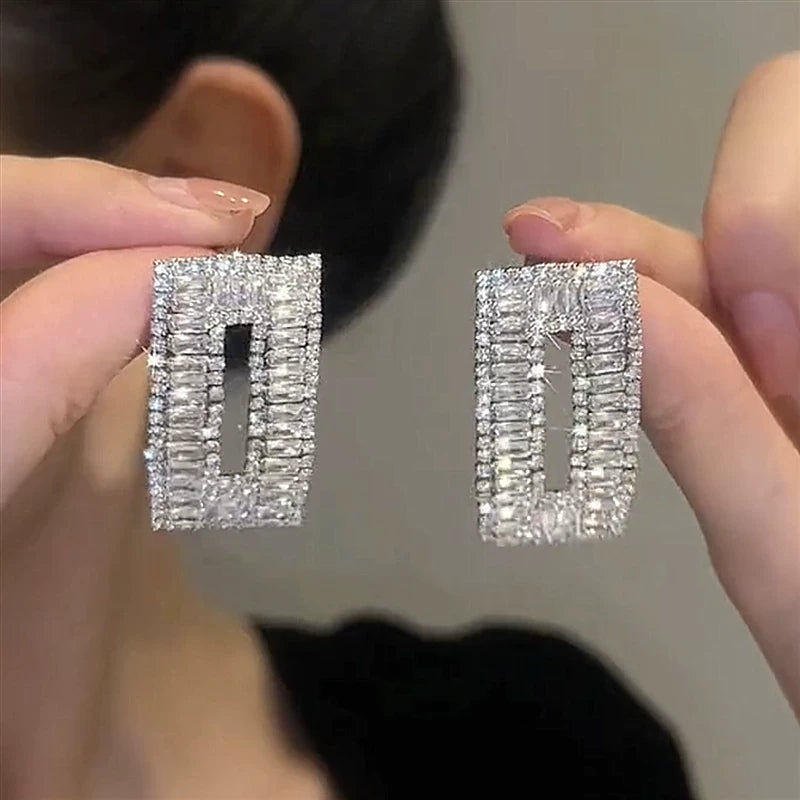 Rectangular Zircon Crystal Earrings for Women – S925 Silver Needle Geometric Drop Earrings