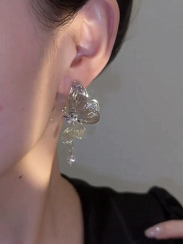 Hollow Butterfly Zircon Long Earrings for Women – S925 Silver Needle Retro Style Drop Earrings