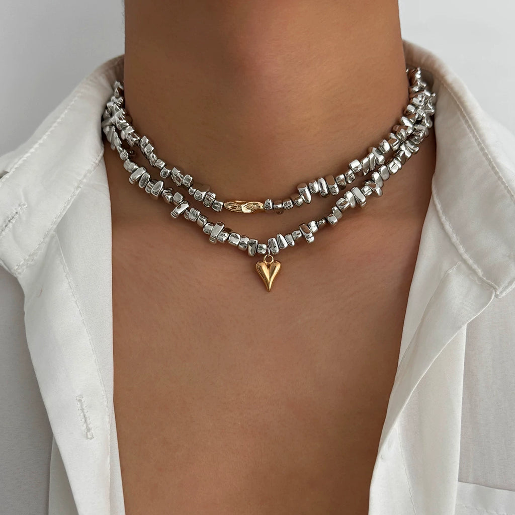 2-Piece Heart Shaped CCB Necklace Set for Men and Women – Hip Hop Style Matching Necklace Jewelry, Trendy Fashion Accessories