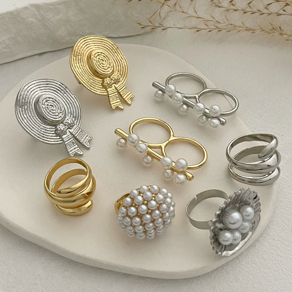 Metal Hat Imitation Pearl Ring For Women 2025 Spring And Summer Fashion Personality Niche Design Internet Celebrity Ins Style Ring Trend
