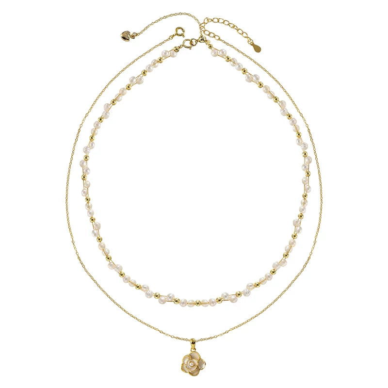 Double Layer Braided Pearl Necklace for Women – Camellia Pendant Clavicle Chain