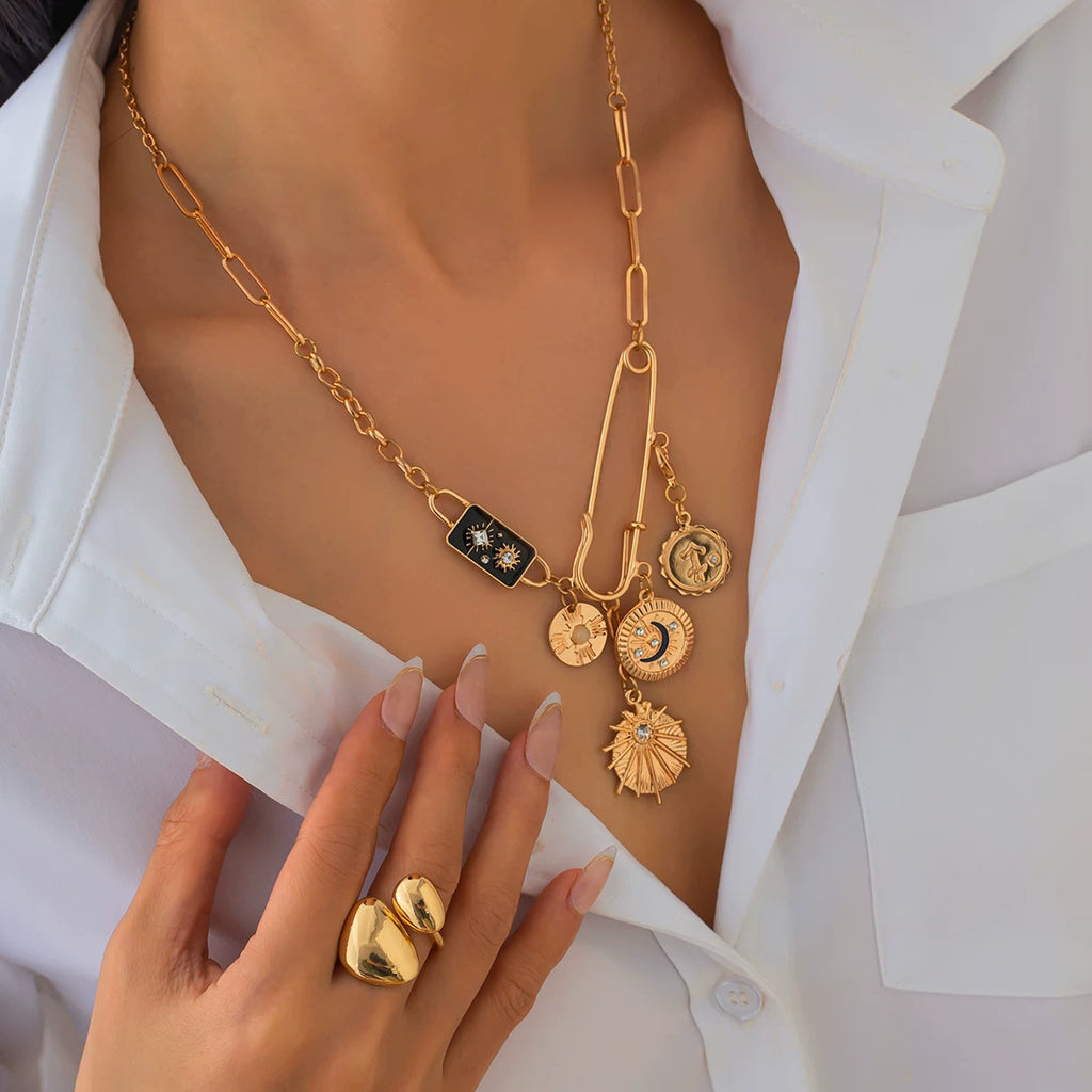 Star & Moon Round Pin Cross Necklace for Women – Asymmetric Clavicle Chain Design