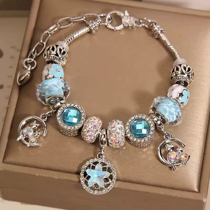 French-Style Blue Glass Bead Five-Pointed Star Bracelet for Women – Minimalist Retro Fashion Charm Jewelry