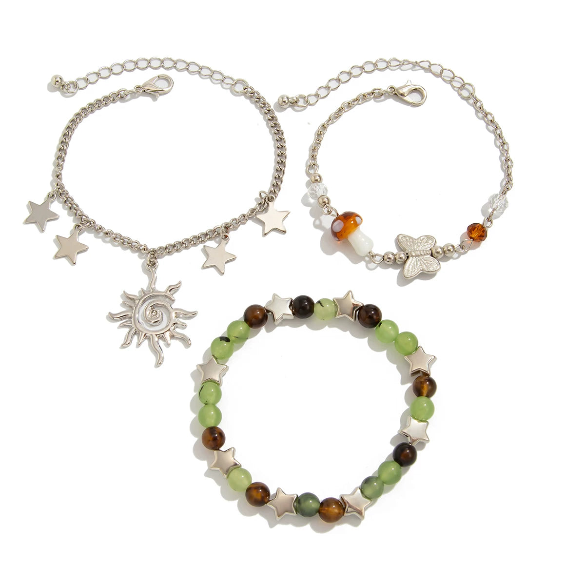 3-Piece Mushroom Crystal-Style Leather Wax Cord Bracelet Set – Summer Retro Stacking Hand Jewelry for Women