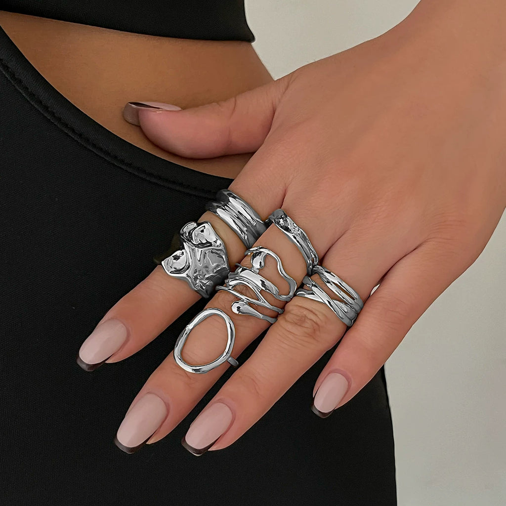 Set Of 6 Cropped Asymmetric Pleated Rings European And American Fashionable And Elegant Travel Photo Matching Rings