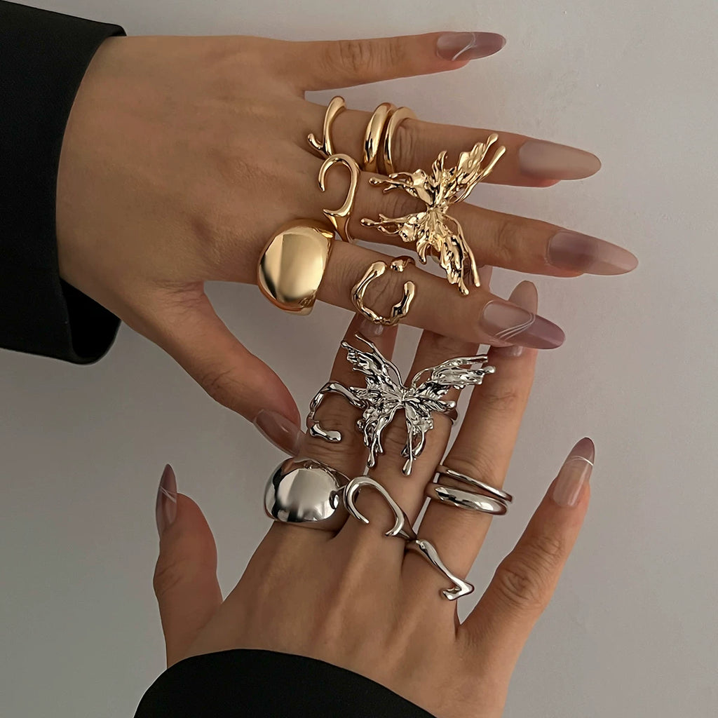 7-Piece Set Of Metal Asymmetric Butterfly Rings 2025 Spring And Summer Fashion Trend Design Popular Travel Photography Accessories