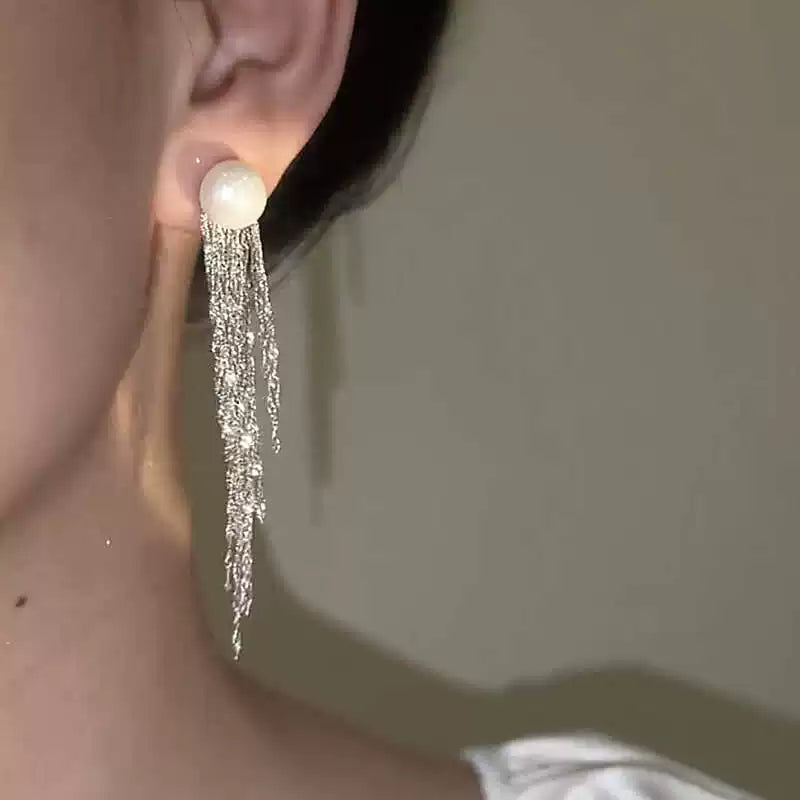 Moon and Star Pearl Tassel Earrings for Women – S925 Silver Needle Long Drop Fashion Earrings
