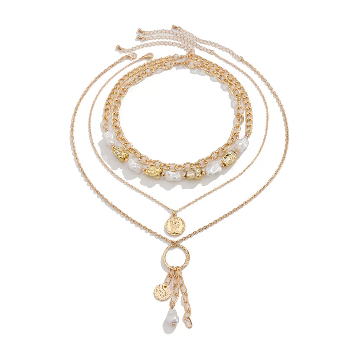 European & American Cuban Locket Imitation Pearl Layered Necklace for Women – Punk Style Metal Portrait Pendant