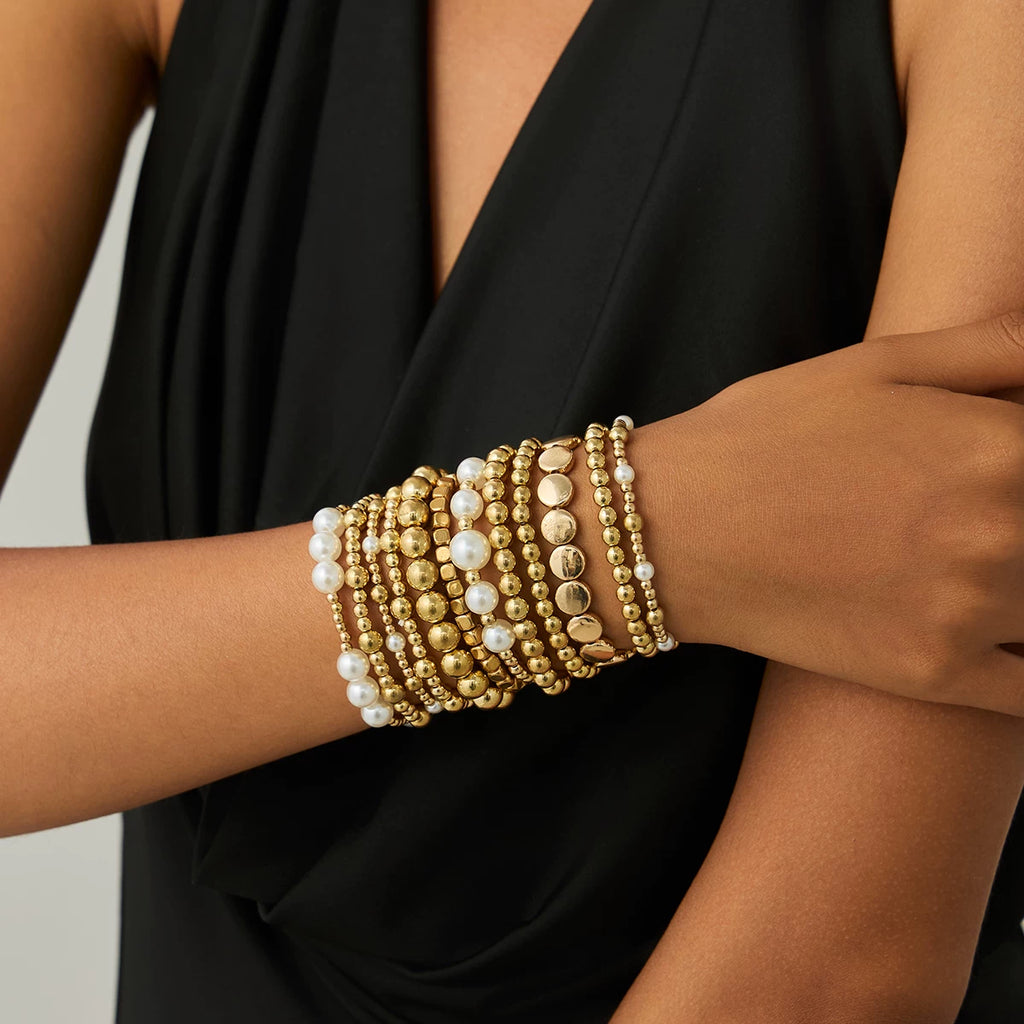 12-Piece Imitation Pearl CCB Bracelet Set for Women – European & American 2025 Summer Trendy Stacking Fashion Jewelry