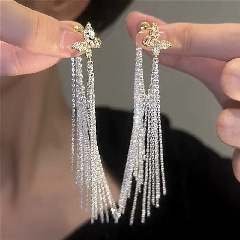 Butterfly Galaxy Tassel Earrings for Women – Silver Needle Long Drop Earrings, Lightweight Fashion Jewelry