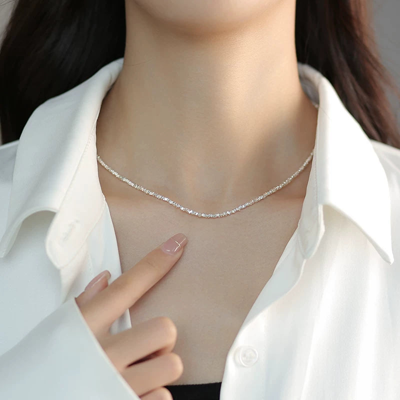 Broken Silver Style Pearl Necklace for Women – 925 Sterling Silver Fine Chain Clavicle Necklace