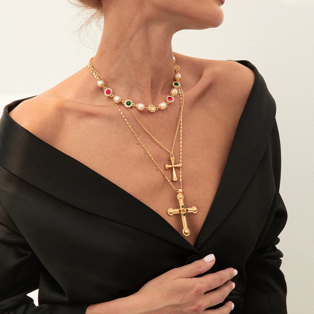 3-Piece Diamond-Style Cross Necklace Set for Women – Layered Clavicle Chain Design