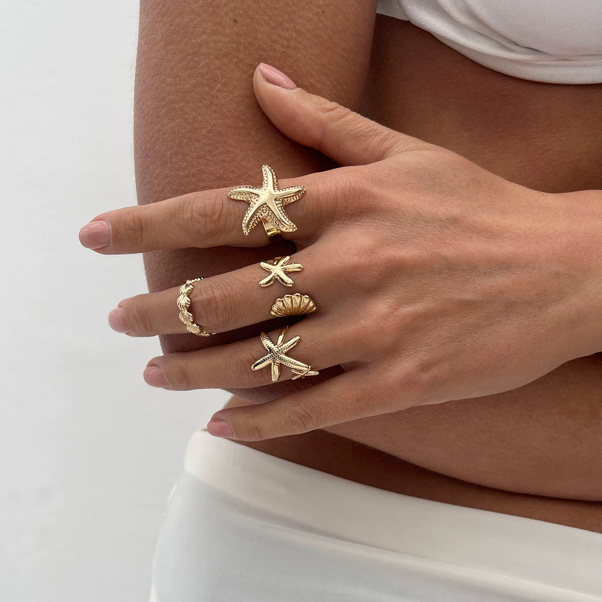 4-Piece Starfish Scallop Ring Set, European And American Summer Trendy Design, Fashionable Seaside Travel And Vacation Matching Accessories