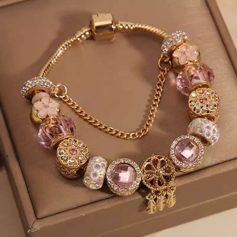 French-Style Dream Catcher Pendant Glass Bead Bracelet for Women – Retro Minimalist Fashion Charm Jewelry