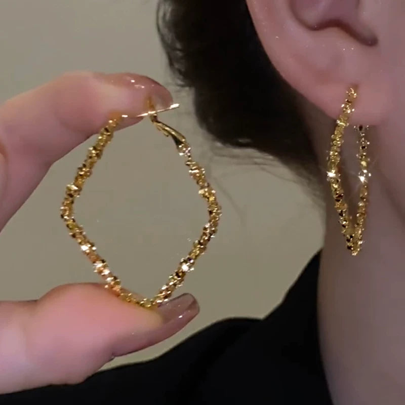 Clearance Gold-Tone Rhombus Large Hoop Earrings for Women – Geometric Fashion Jewelry Accessories