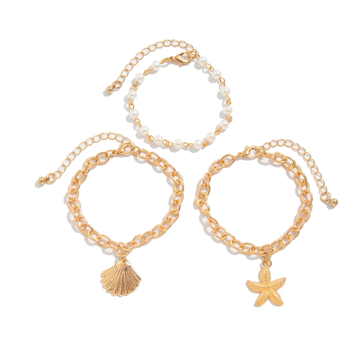3-Piece Starfish & Scallop Imitation Pearl Bracelet Set for Women – European & American Summer Seaside Vacation Fashion Accessories