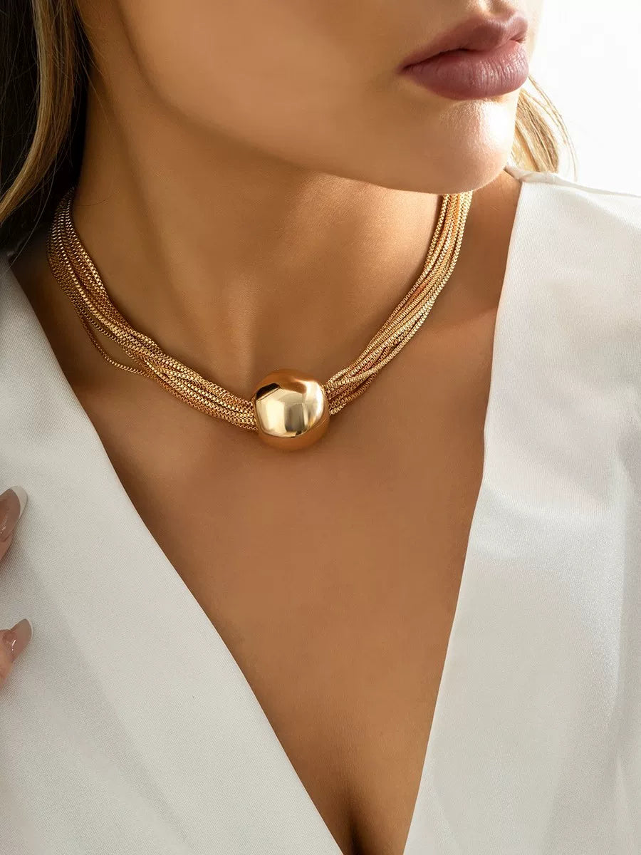 Love V Metal Ball Necklace for Women – European & American Retro Layered Titanium Steel Clavicle Chain Collar Jewelry