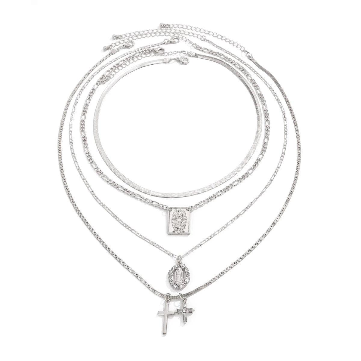 4-Piece Cross Flat Snake Bone Necklace Set – Layered Clavicle Chain Design