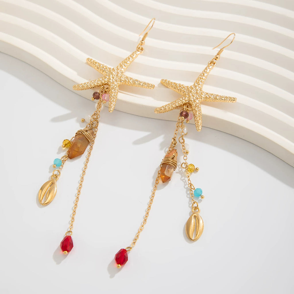 Irregular Crystal Starfish Shell Earrings for Women – 2025 Summer Seaside Vacation Fashion Jewelry Travel Accessories