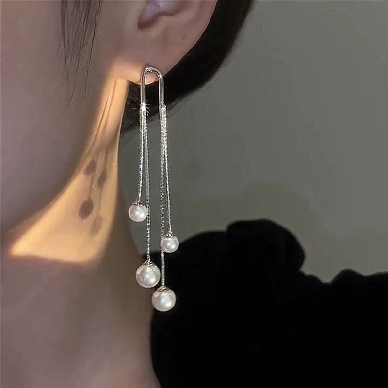 S925 Silver Needle Pearl Tassel Earrings for Women – Long Drop Korean Style Earrings, Lightweight Fashion Jewelry