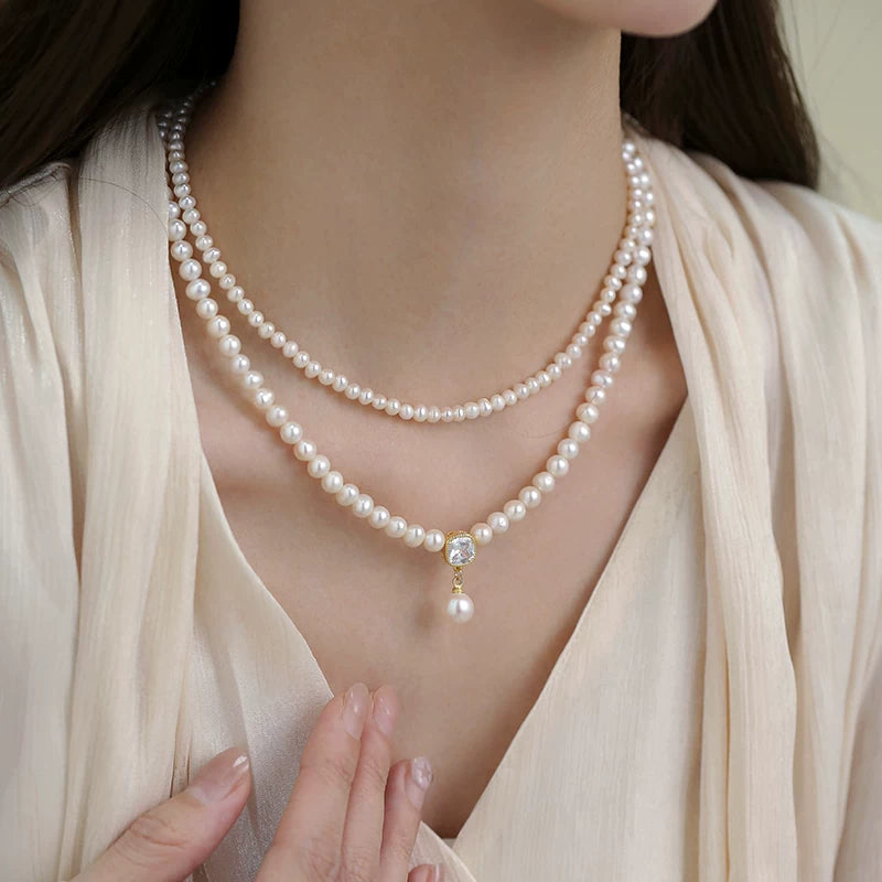 Natural Pearl Rice Bead Double Layer Necklace for Women – Vintage Style Clavicle Chain