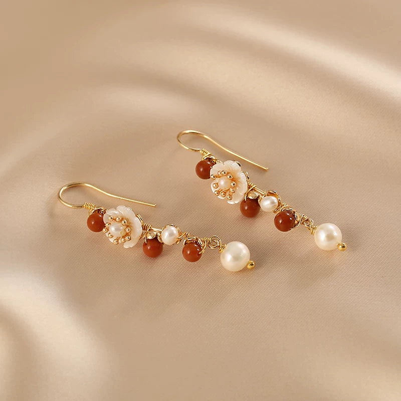 Natural Pearl Southern Red Agate Flower Earrings for Women – Braided Long Drop Fashion Earrings