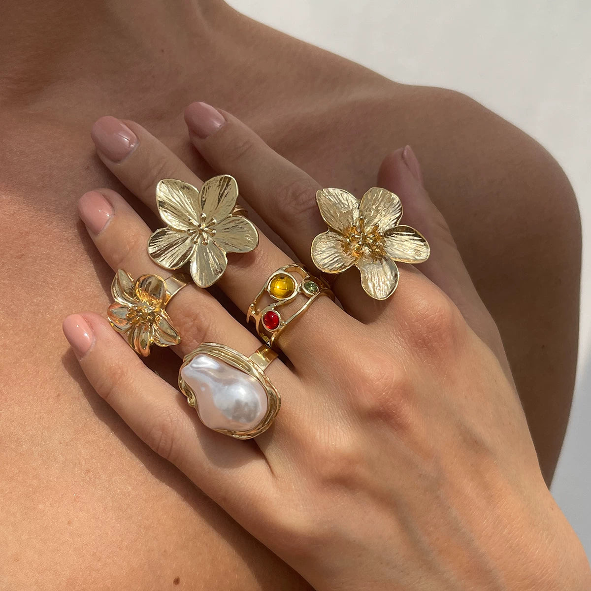 5-Piece Baroque Imitation Pearl Flower Ring Set Hip-Hop Fashion Personalized Travel Photo Matching Ring Set