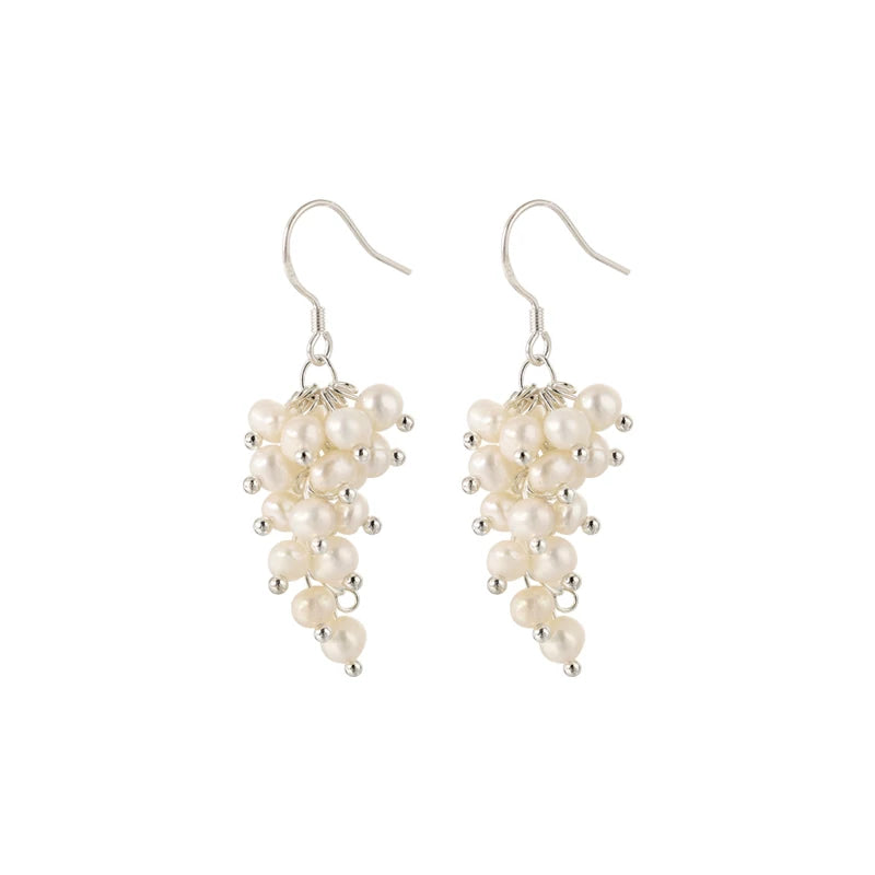 Natural Pearl Tassel Grape Cluster Earrings for Women – Retro Style S925 Silver Ear Hook Earrings