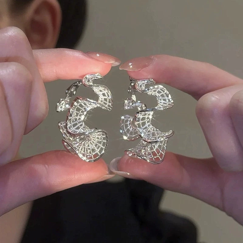 French Hollow Wave Irregular Earrings for Women – S925 Silver Needle Geometric Fashion Earrings