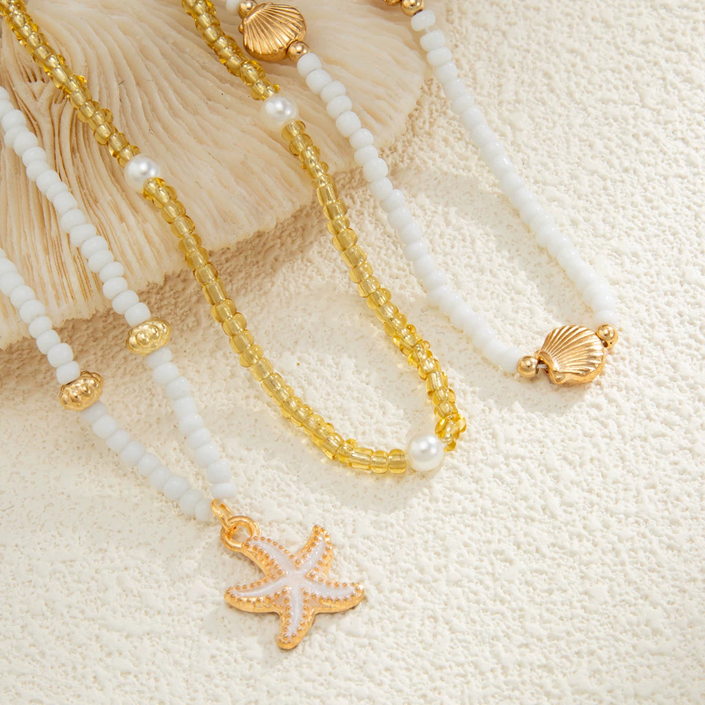 3-Piece Starfish & Scallop Rice Bead Necklace Set – Summer Beach Style for Women