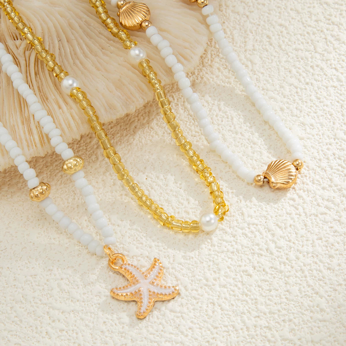3-Piece Starfish & Scallop Rice Bead Necklace Set – Summer Beach Style for Women