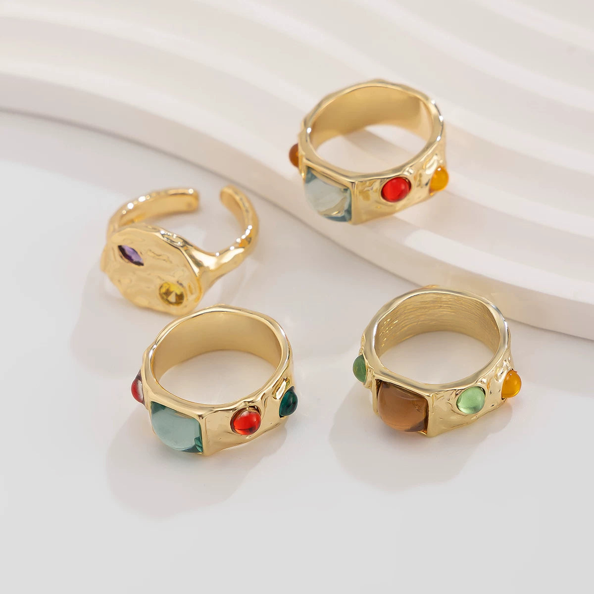 4 Piece Color Gemstone Ring Set European And American Autumn Trendy Up To Luxury Niche Design Photo Travel Accessories