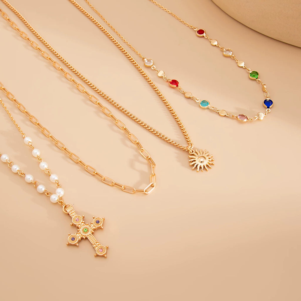 4-Piece Cross Crystal Chain Necklace Set – Layered Clavicle Chain Design